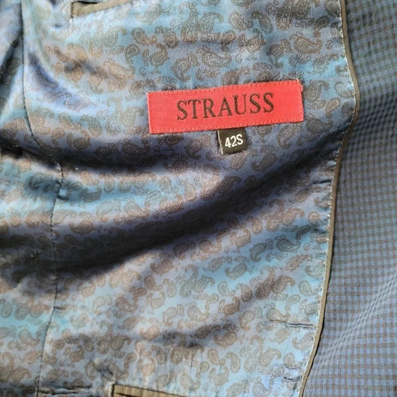 Strauss Blue Jacket Checkered Blazer Jacket Buttons Handkerchief 42S - Picture 7 of 12